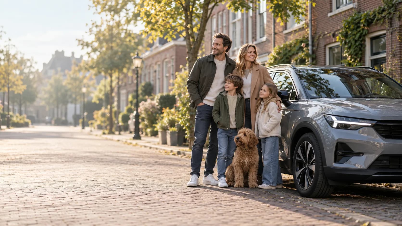 Gezin met hond naast een grijze SUV in een Nederlandse woonstraat